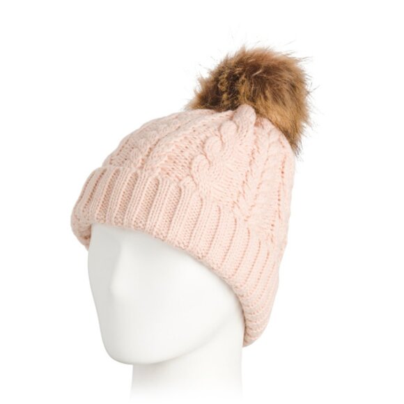 NEW TIMBERLAND Cable Knit Beanie With Pom And Ribbed Cuff Cameo Rose 164mn - Picture 1 of 4